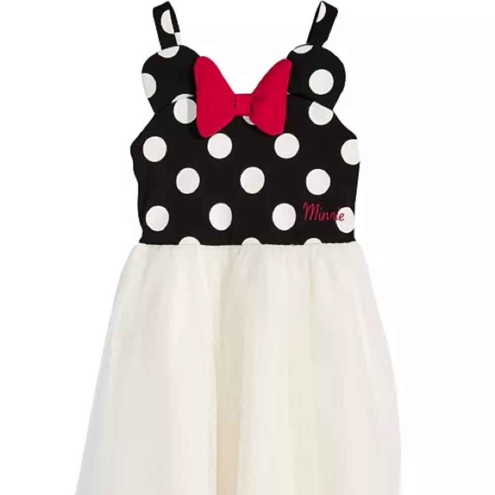 Disney Minnie Mouse Black and White Polka Dot Dress with Red Bow